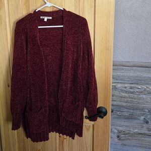 SEVEN7 WOMEN'S CHENILLE OPEN CARDIGAN TAWNY PORT Pockets Long Sleeve Size L